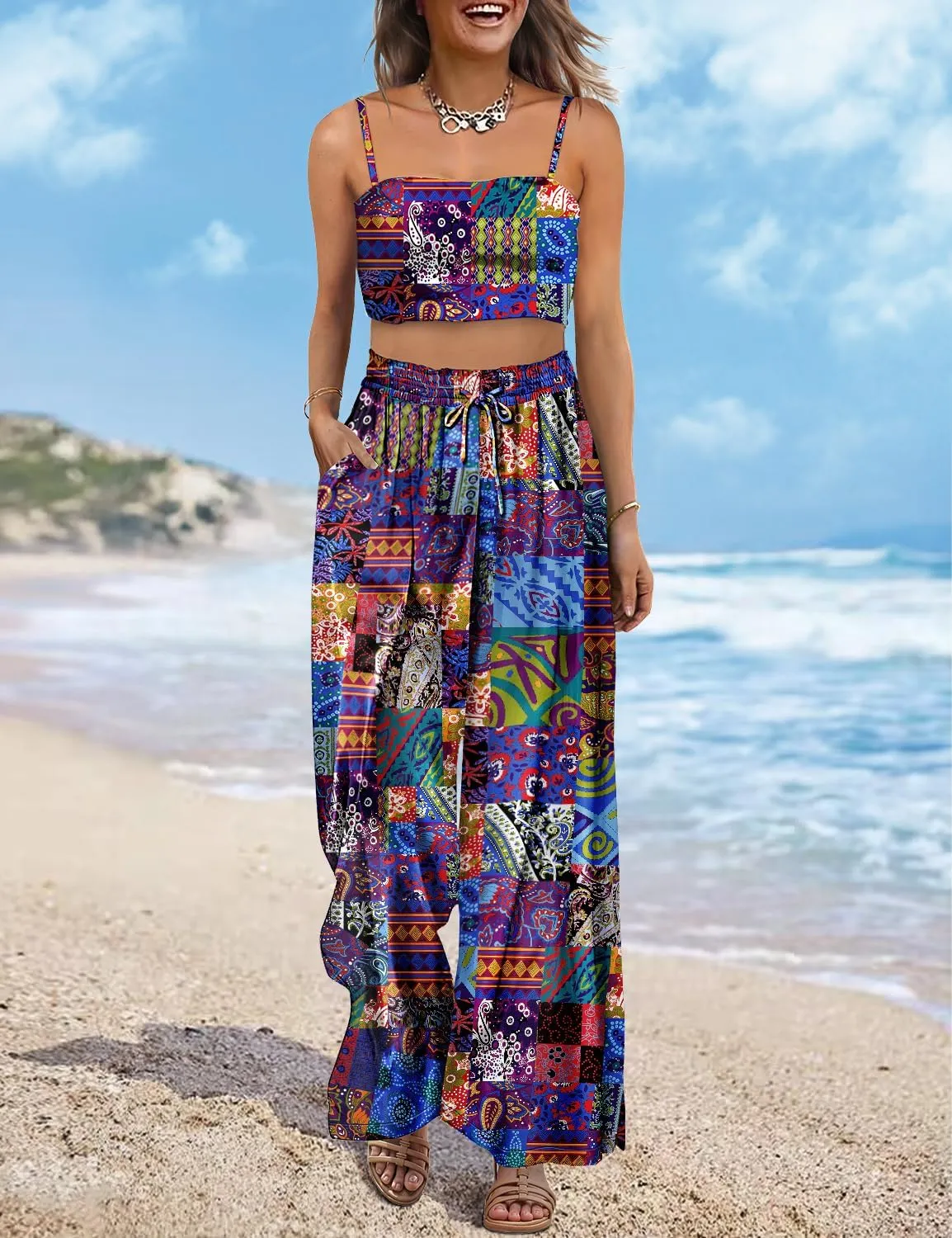 YESNO Women Summer Boho Palazzo Pants High Waist Wide Leg Floral Casual Cotton Lounge Trousers with Pockets PP0
