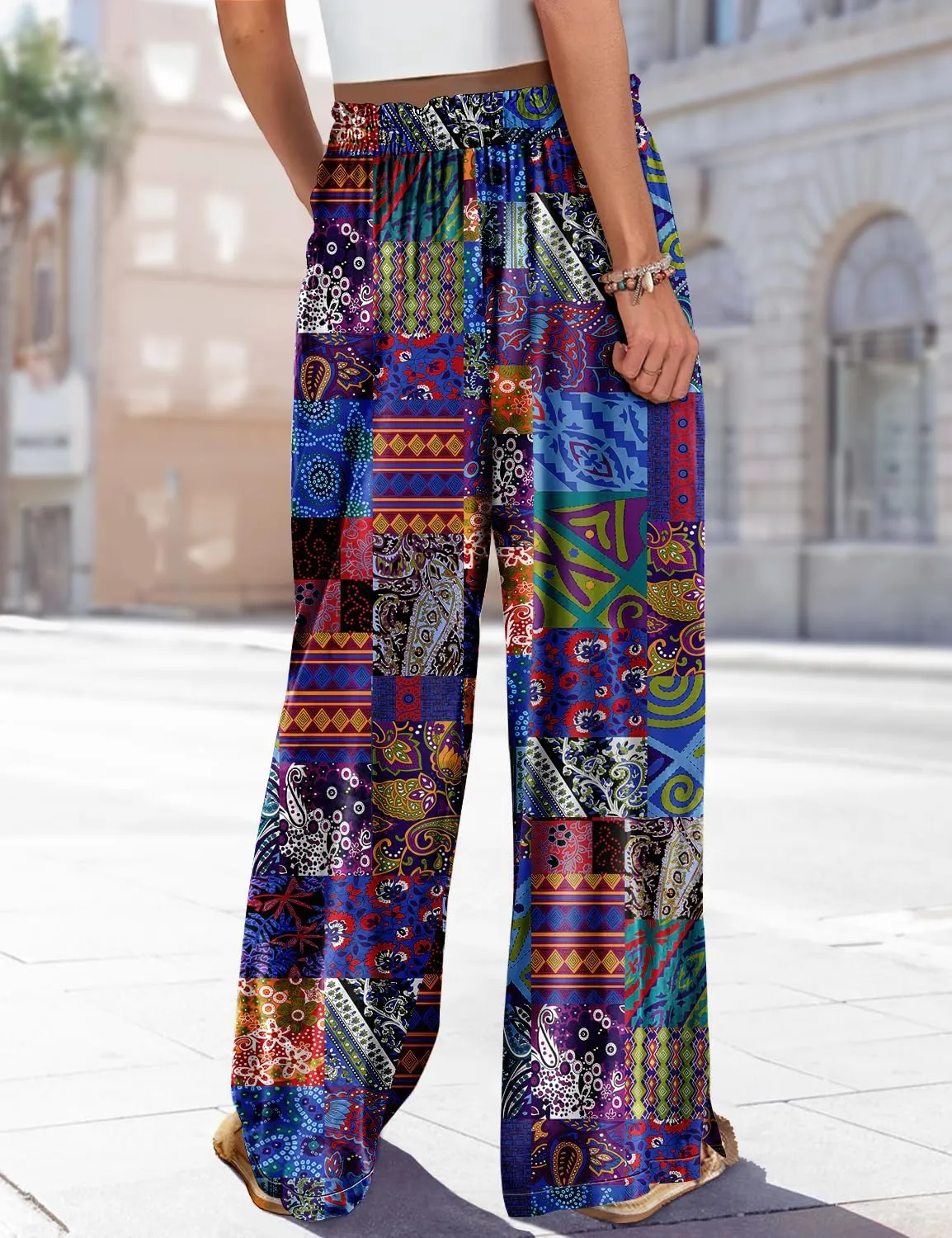 YESNO Women Summer Boho Palazzo Pants High Waist Wide Leg Floral Casual Cotton Lounge Trousers with Pockets PP0