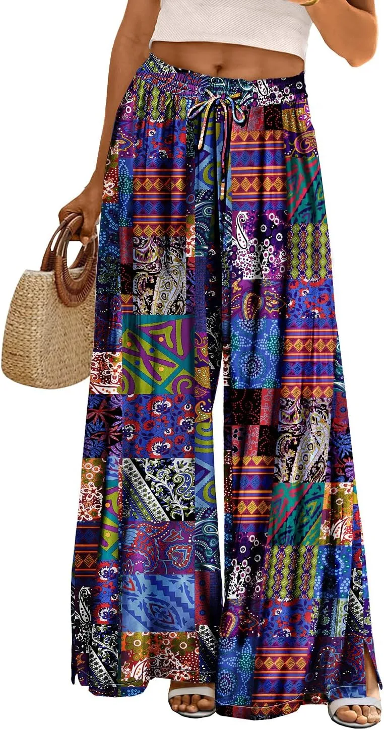 YESNO Women Summer Boho Palazzo Pants High Waist Wide Leg Floral Casual Cotton Lounge Trousers with Pockets PP0