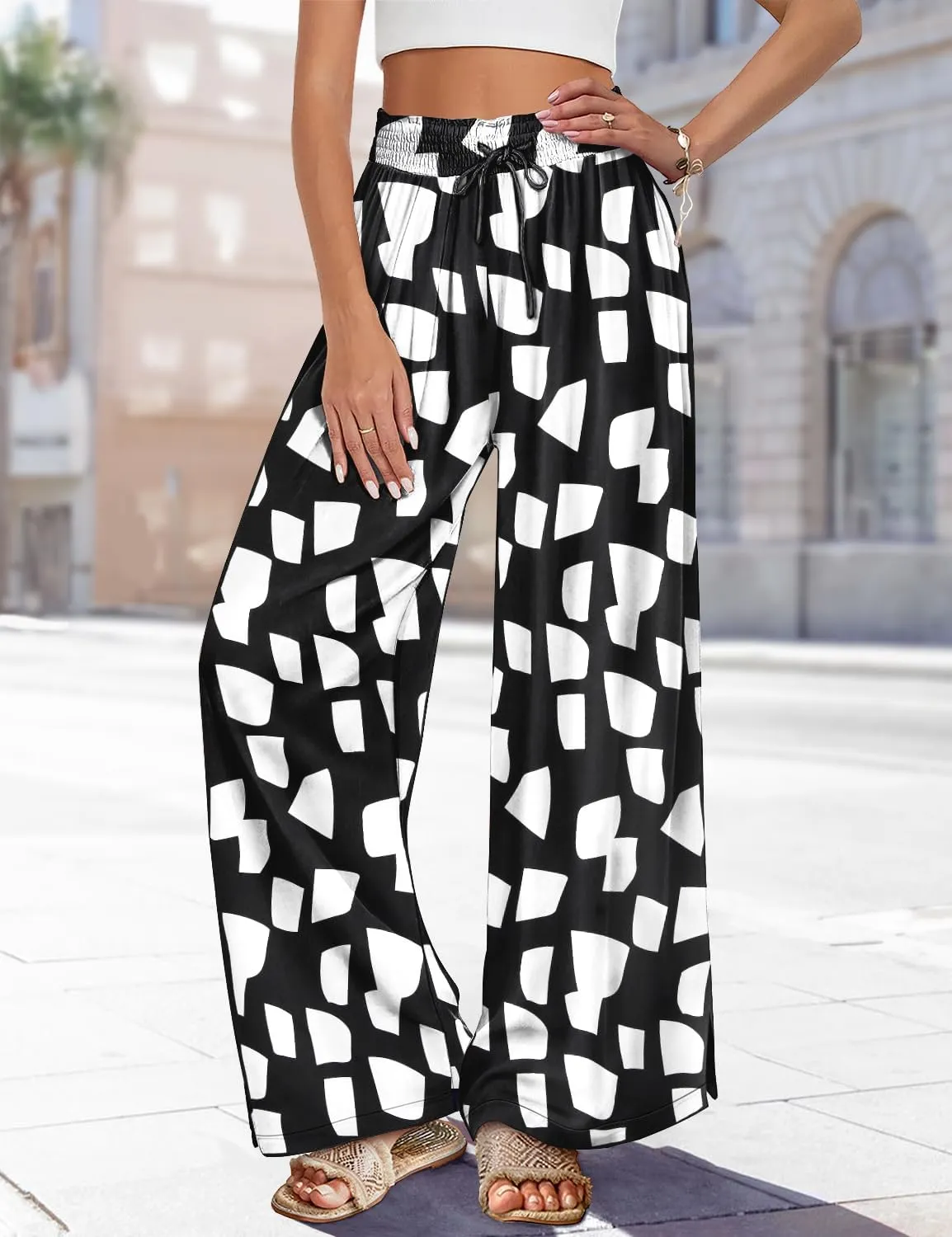 YESNO Women Summer Boho Palazzo Pants High Waist Wide Leg Floral Casual Cotton Lounge Trousers with Pockets PP0