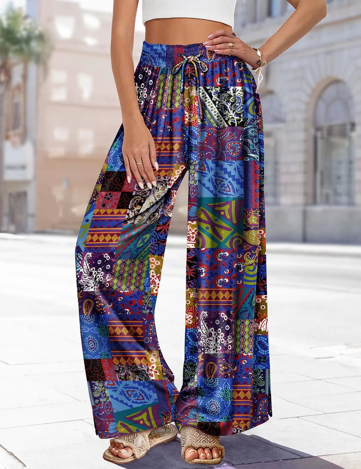 YESNO Women Summer Boho Palazzo Pants High Waist Wide Leg Floral Casual Cotton Lounge Trousers with Pockets PP0