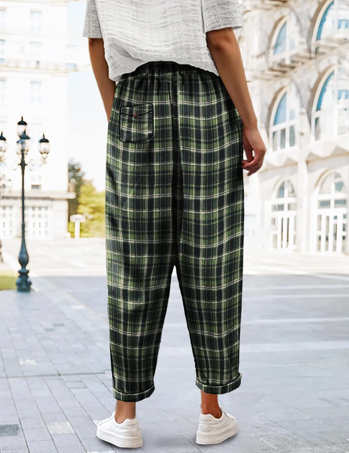 YESNO Women's Casual Straight Leg Pants Fall Drawstring Elastic High Waist Woolen Tapered Trousers with Pockets PWT