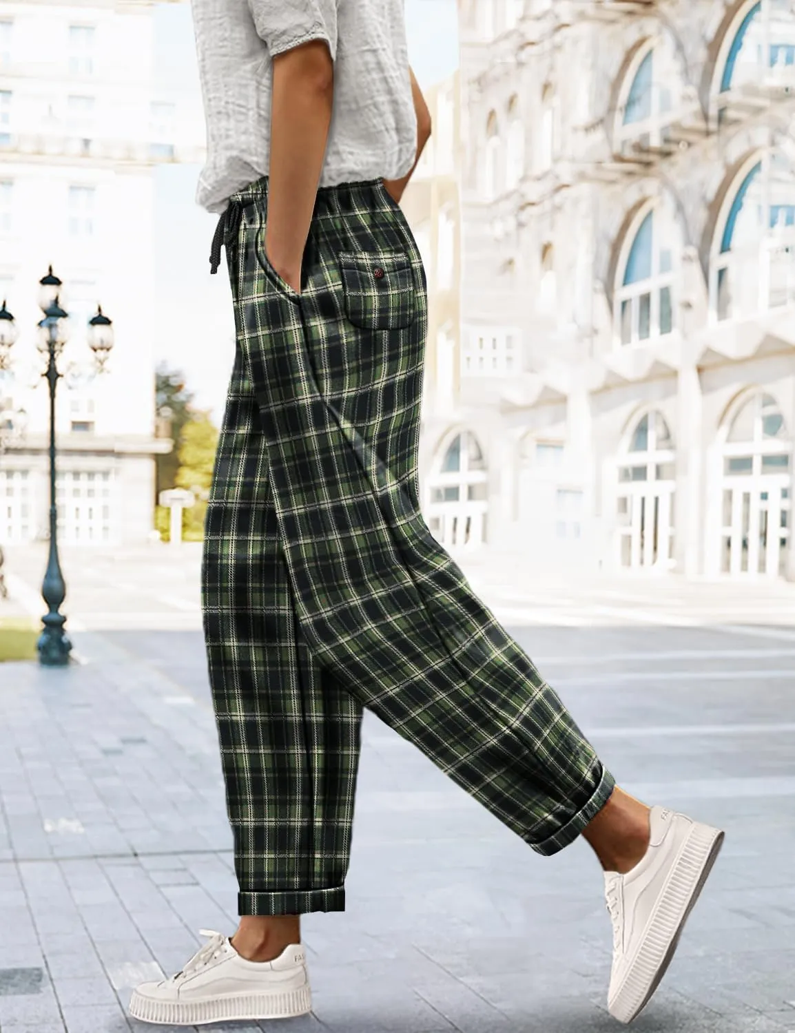 YESNO Women's Casual Straight Leg Pants Fall Drawstring Elastic High Waist Woolen Tapered Trousers with Pockets PWT