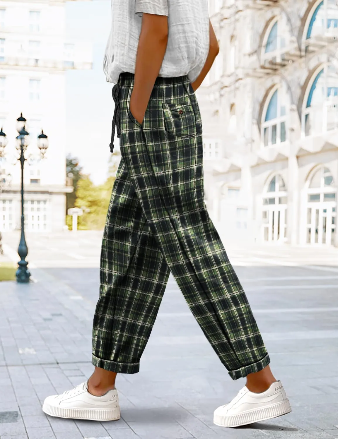 YESNO Women's Casual Straight Leg Pants Fall Drawstring Elastic High Waist Woolen Tapered Trousers with Pockets PWT