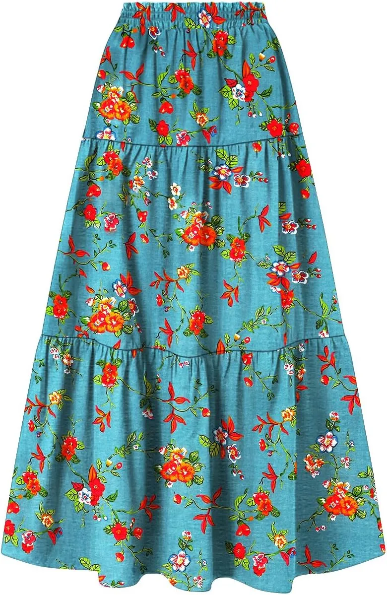 YESNO Women's Summer Boho Floral Maxi Skirts Casual Flowy Tiered A-Line Elastic Waist Skirt with Pockets SK0