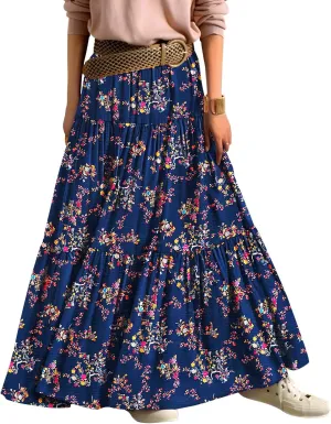 YESNO Women's Summer Boho Floral Maxi Skirts Casual Flowy Tiered A-Line Elastic Waist Skirt with Pockets SK0