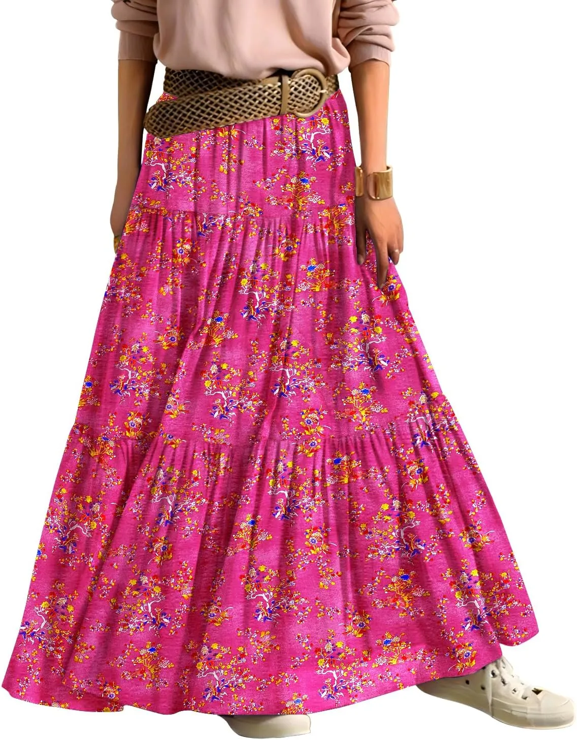 YESNO Women's Summer Boho Floral Maxi Skirts Casual Flowy Tiered A-Line Elastic Waist Skirt with Pockets SK0