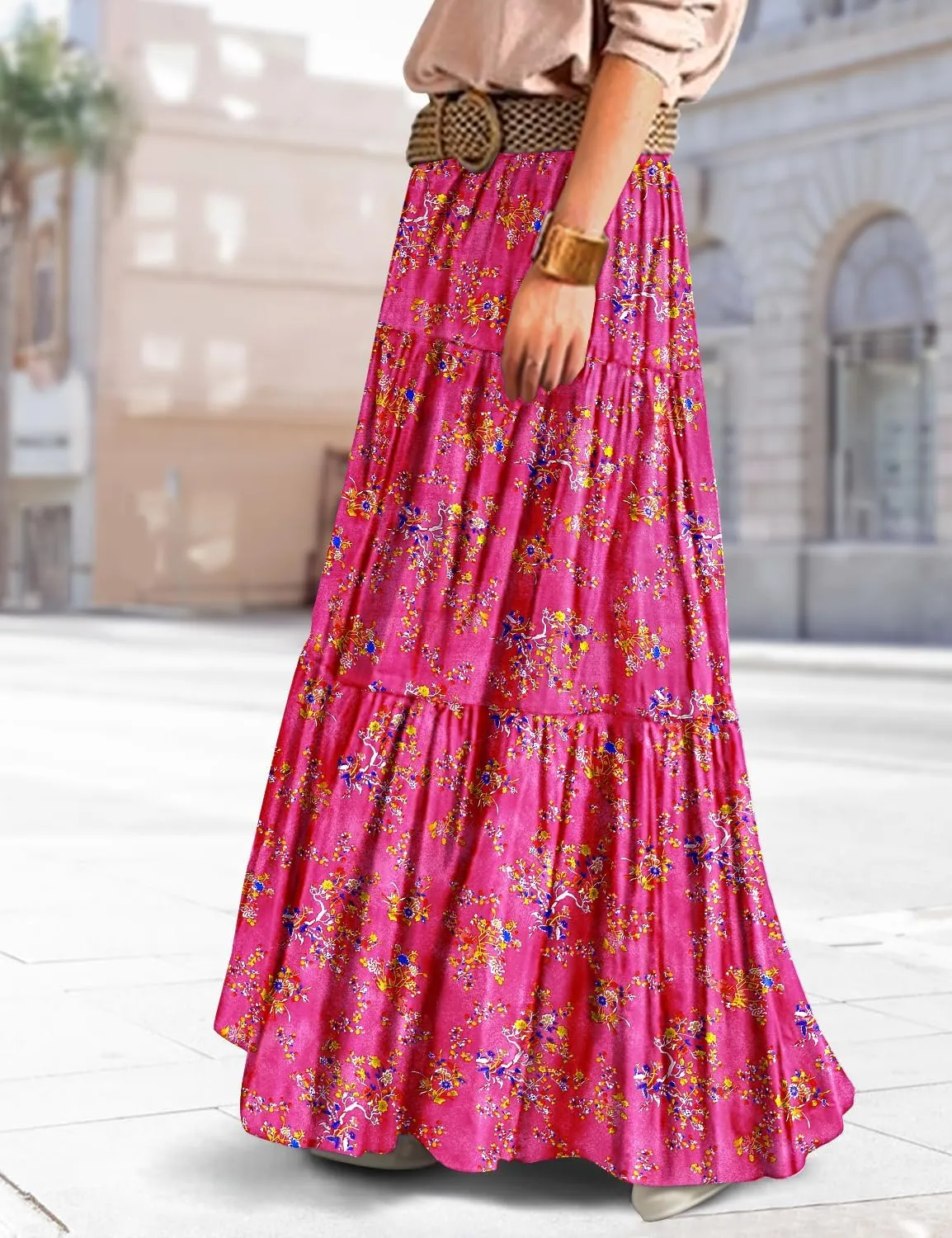 YESNO Women's Summer Boho Floral Maxi Skirts Casual Flowy Tiered A-Line Elastic Waist Skirt with Pockets SK0