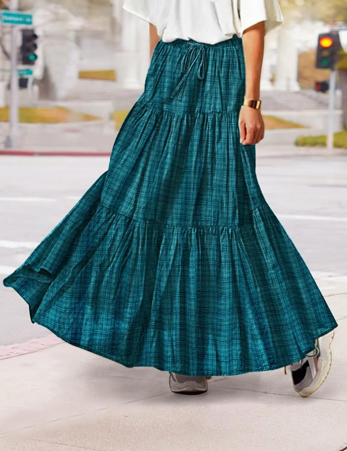 YESNO Women's Summer Boho Floral Maxi Skirts Casual Flowy Tiered A-Line Elastic Waist Skirt with Pockets SK0