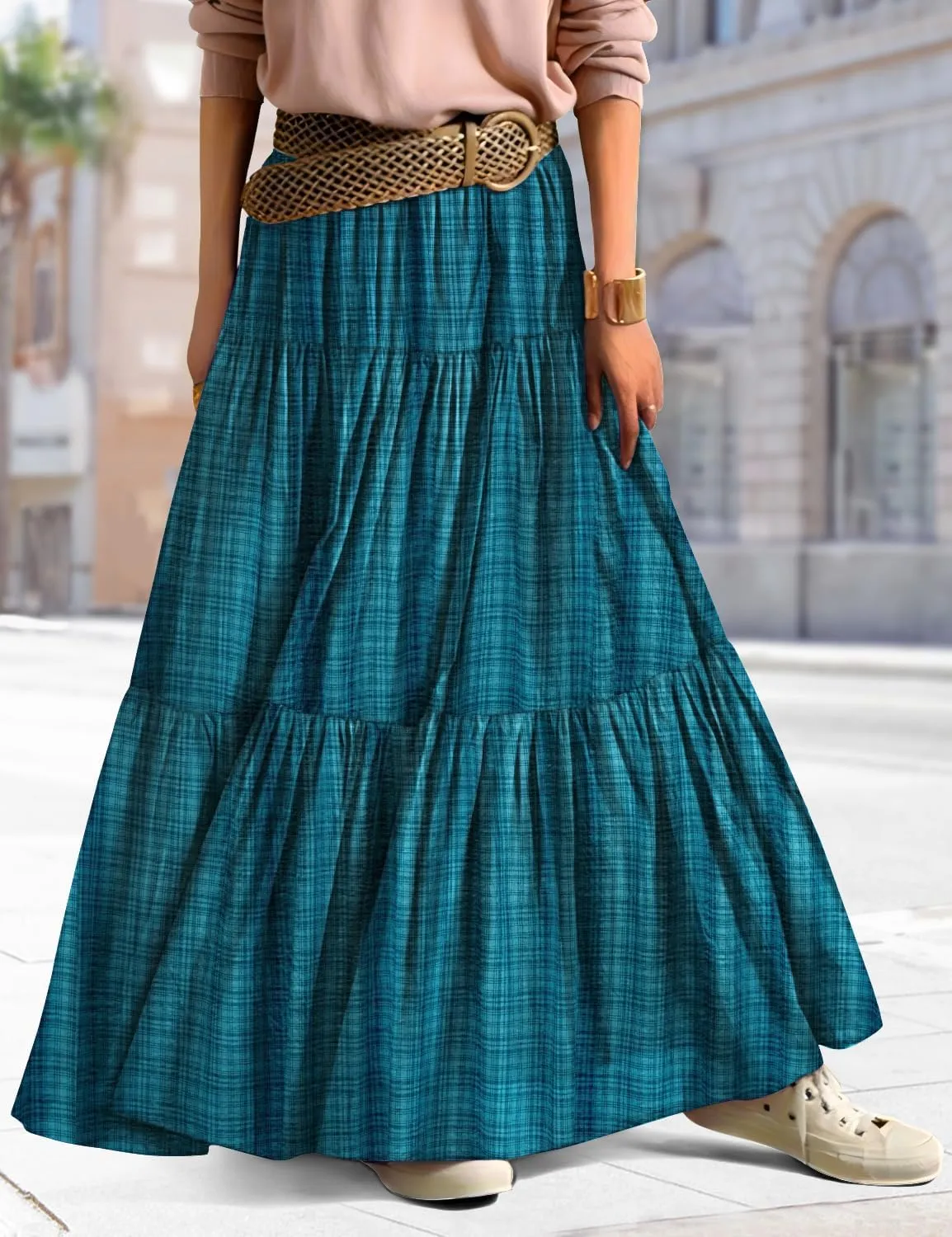 YESNO Women's Summer Boho Floral Maxi Skirts Casual Flowy Tiered A-Line Elastic Waist Skirt with Pockets SK0