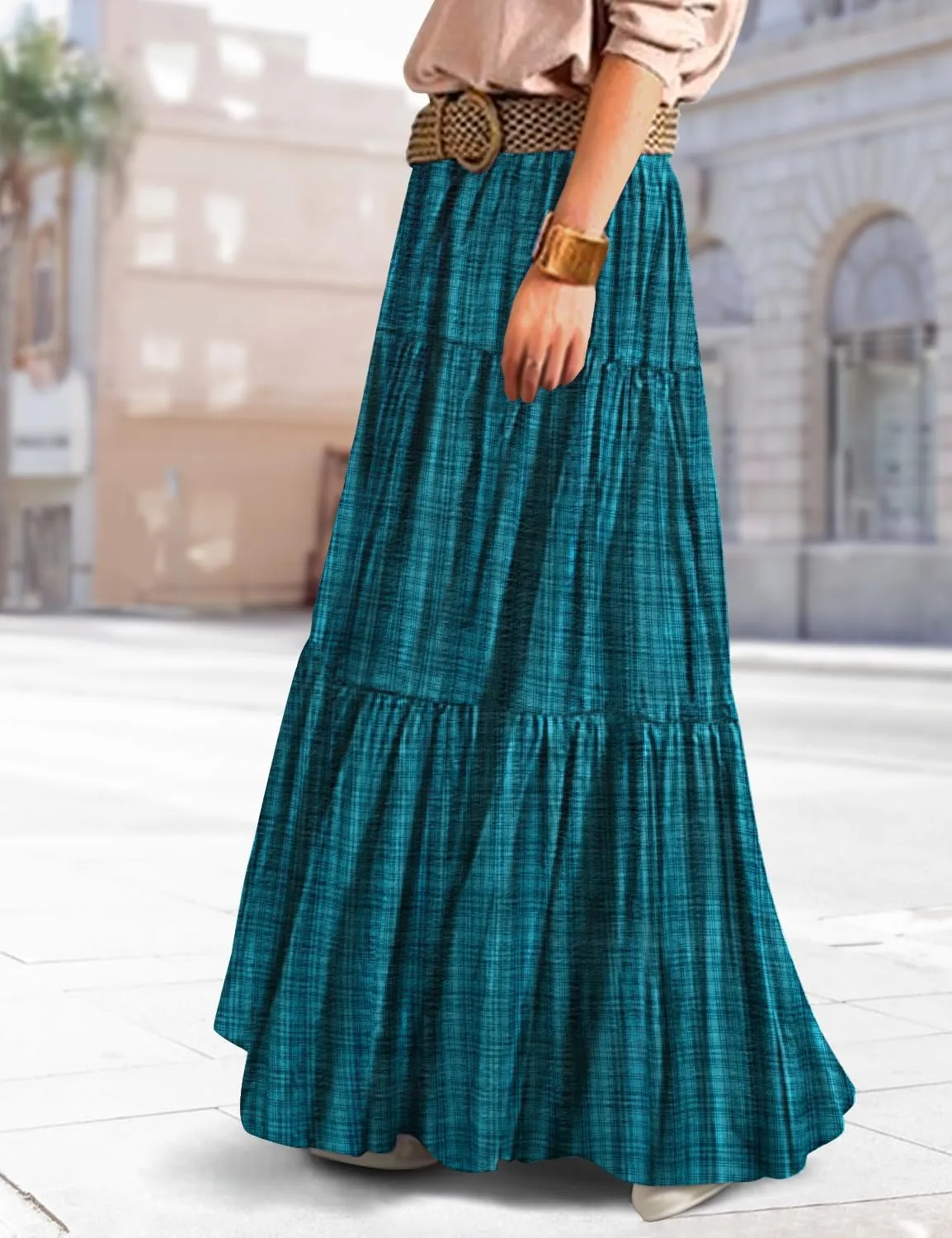 YESNO Women's Summer Boho Floral Maxi Skirts Casual Flowy Tiered A-Line Elastic Waist Skirt with Pockets SK0