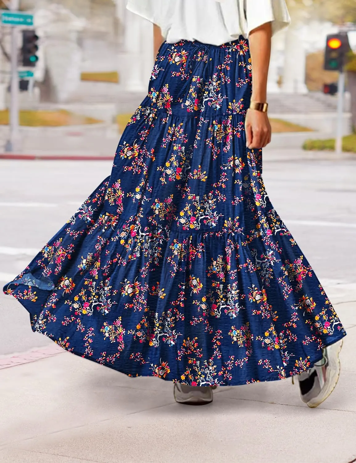 YESNO Women's Summer Boho Floral Maxi Skirts Casual Flowy Tiered A-Line Elastic Waist Skirt with Pockets SK0