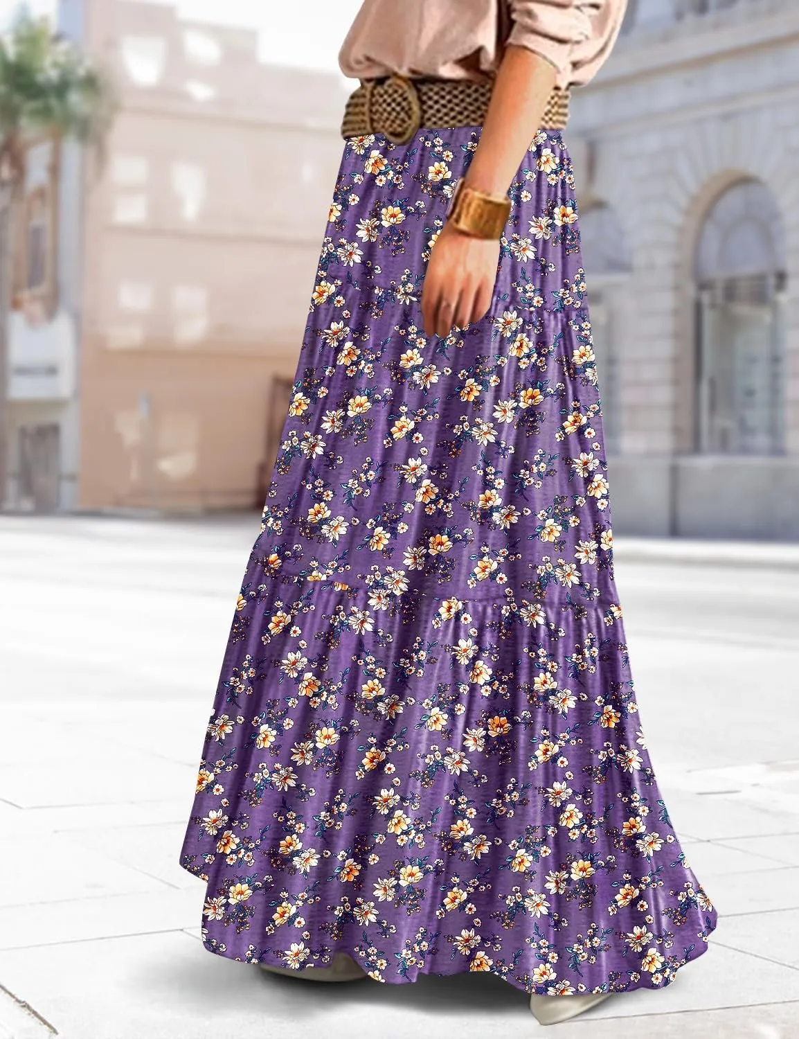 YESNO Women's Summer Boho Floral Maxi Skirts Casual Flowy Tiered A-Line Elastic Waist Skirt with Pockets SK0