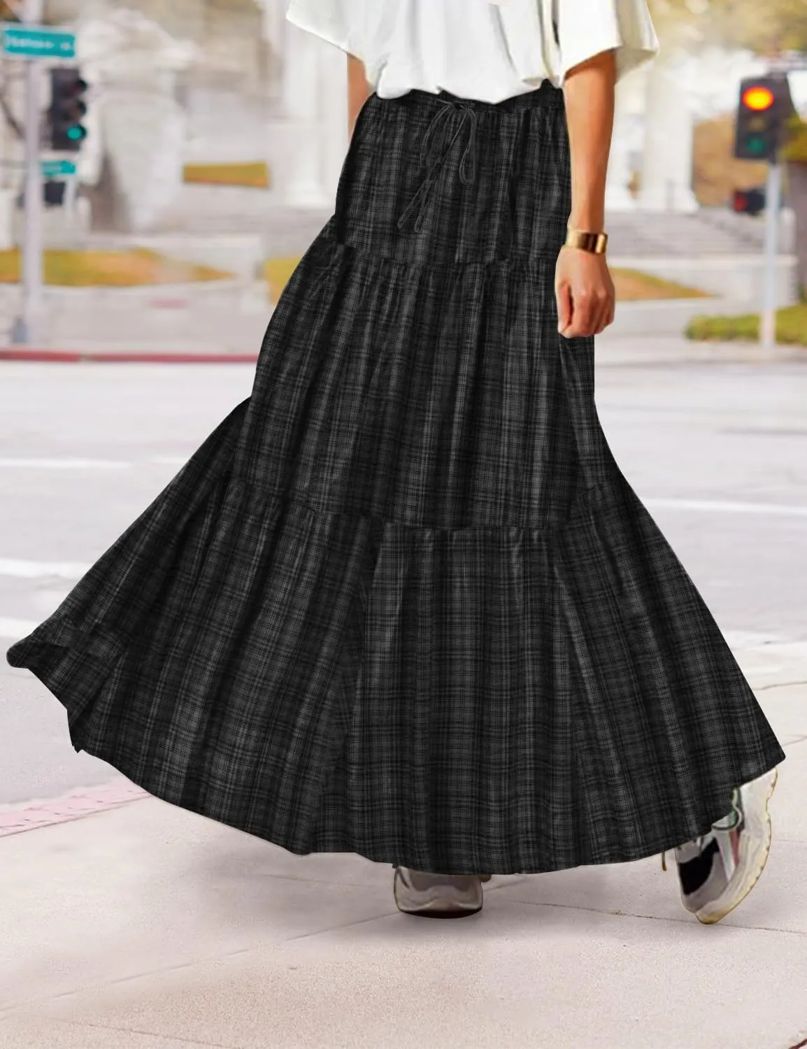 YESNO Women's Summer Boho Floral Maxi Skirts Casual Flowy Tiered A-Line Elastic Waist Skirt with Pockets SK0