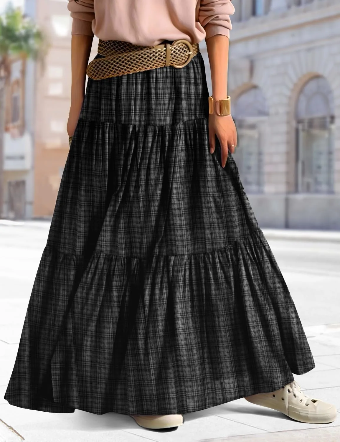 YESNO Women's Summer Boho Floral Maxi Skirts Casual Flowy Tiered A-Line Elastic Waist Skirt with Pockets SK0