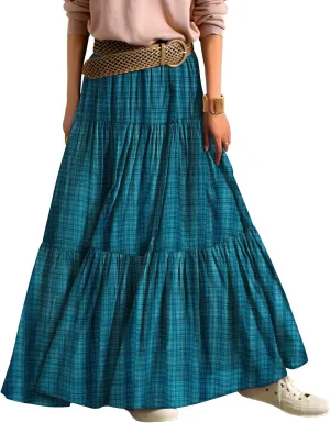 YESNO Women's Summer Boho Floral Maxi Skirts Casual Flowy Tiered A-Line Elastic Waist Skirt with Pockets SK0