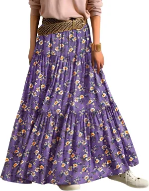 YESNO Women's Summer Boho Floral Maxi Skirts Casual Flowy Tiered A-Line Elastic Waist Skirt with Pockets SK0