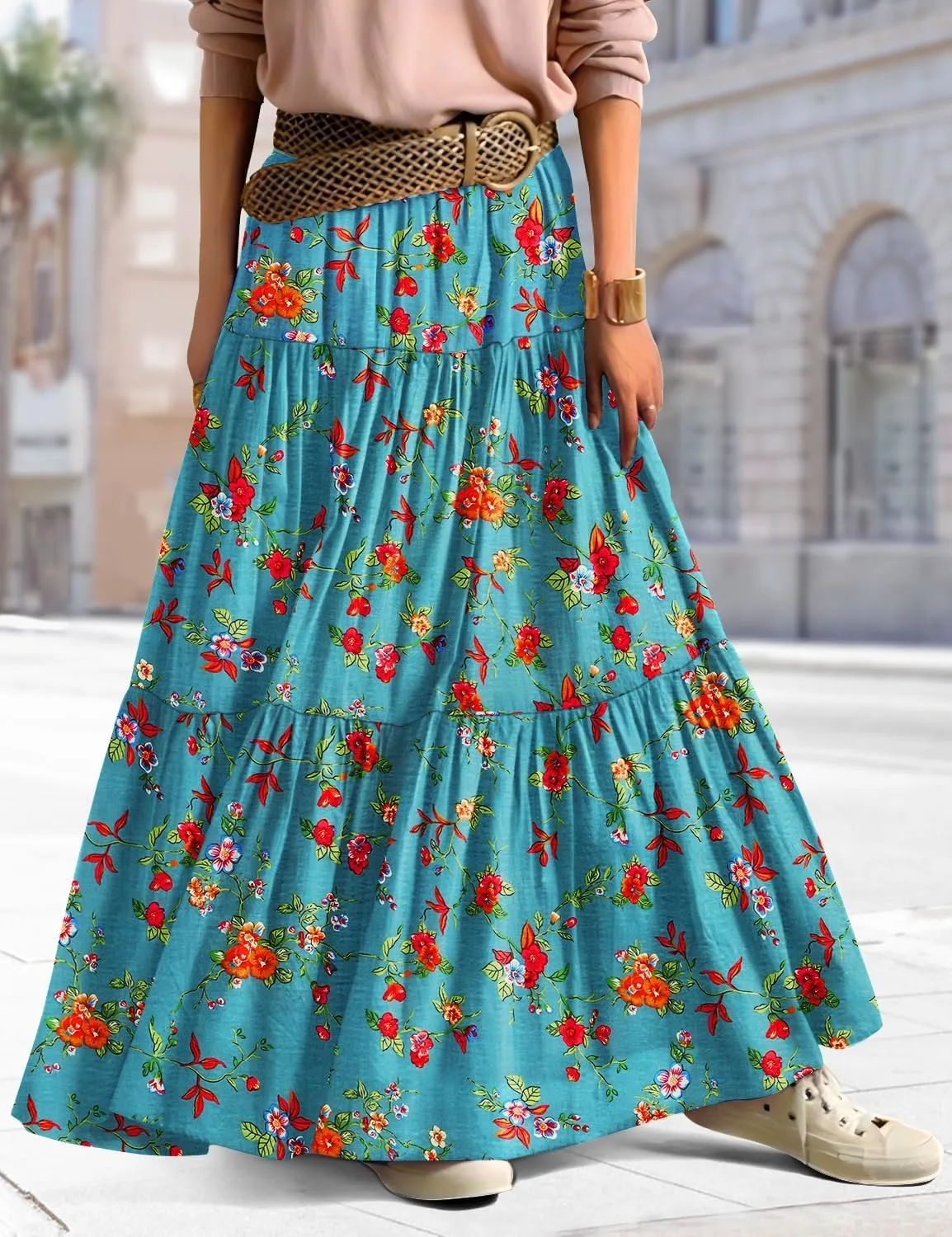 YESNO Women's Summer Boho Floral Maxi Skirts Casual Flowy Tiered A-Line Elastic Waist Skirt with Pockets SK0