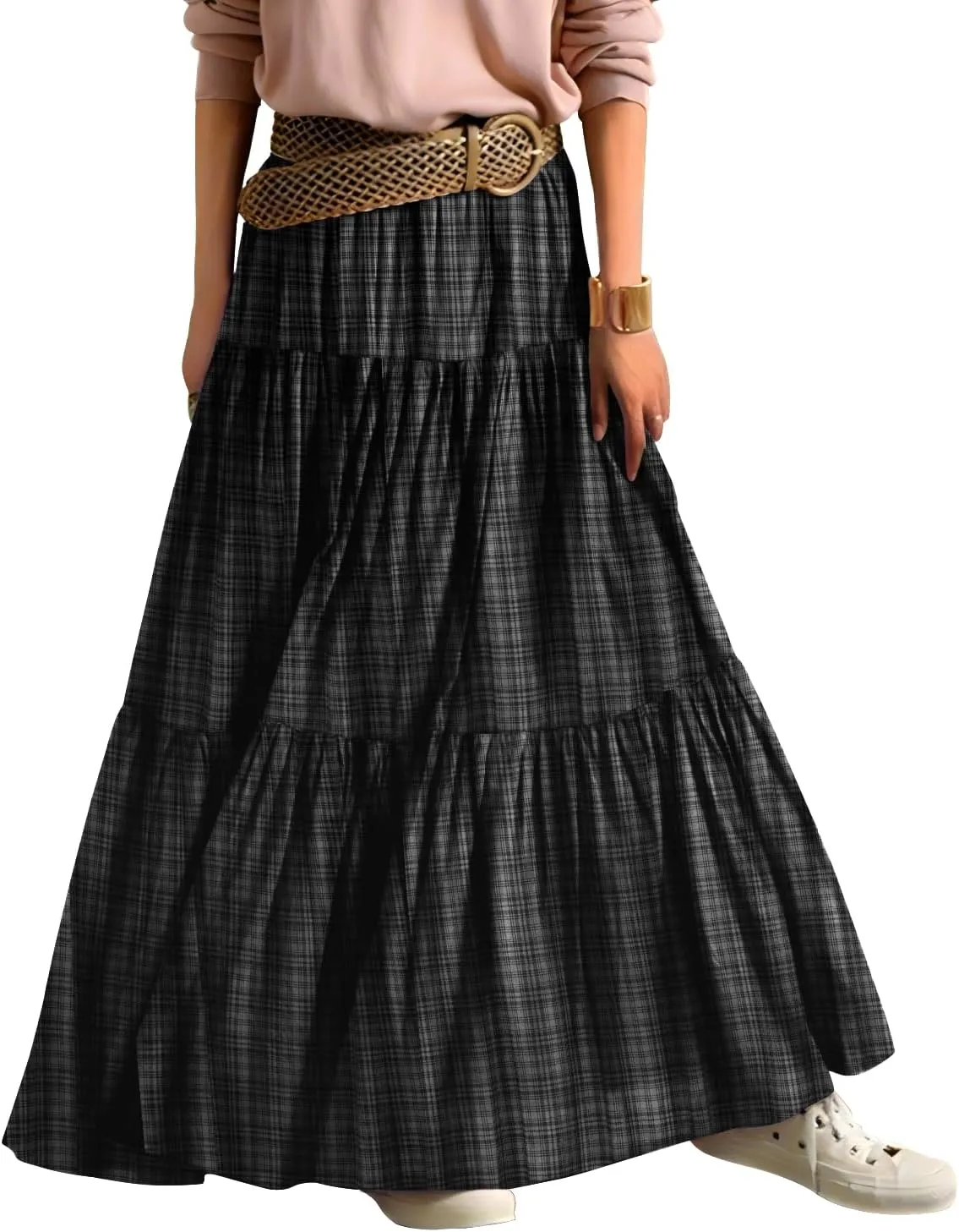 YESNO Women's Summer Boho Floral Maxi Skirts Casual Flowy Tiered A-Line Elastic Waist Skirt with Pockets SK0