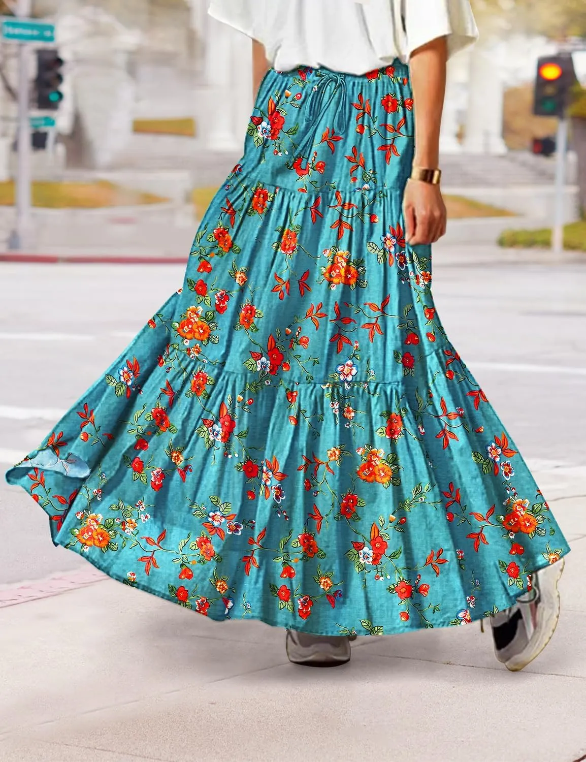 YESNO Women's Summer Boho Floral Maxi Skirts Casual Flowy Tiered A-Line Elastic Waist Skirt with Pockets SK0