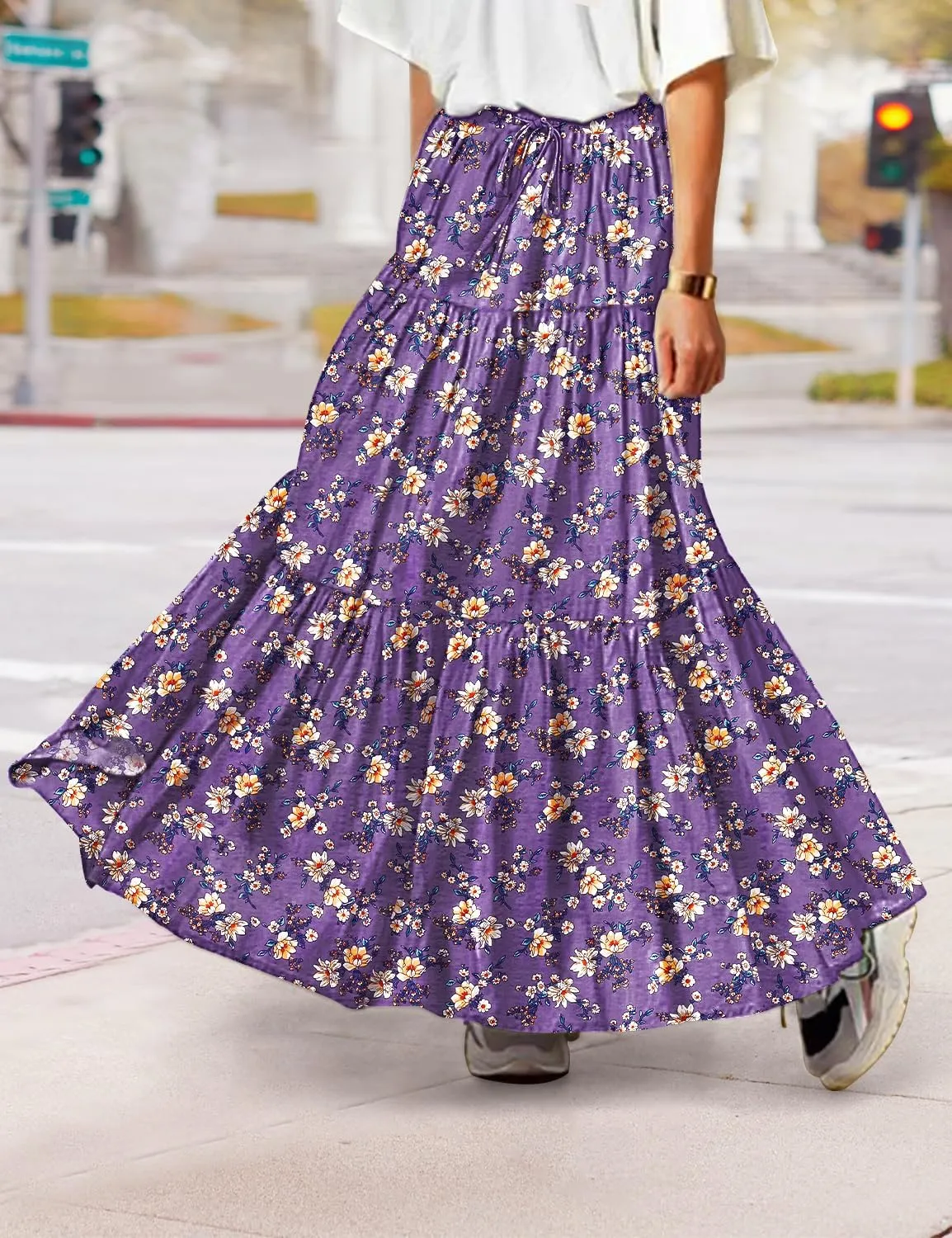 YESNO Women's Summer Boho Floral Maxi Skirts Casual Flowy Tiered A-Line Elastic Waist Skirt with Pockets SK0