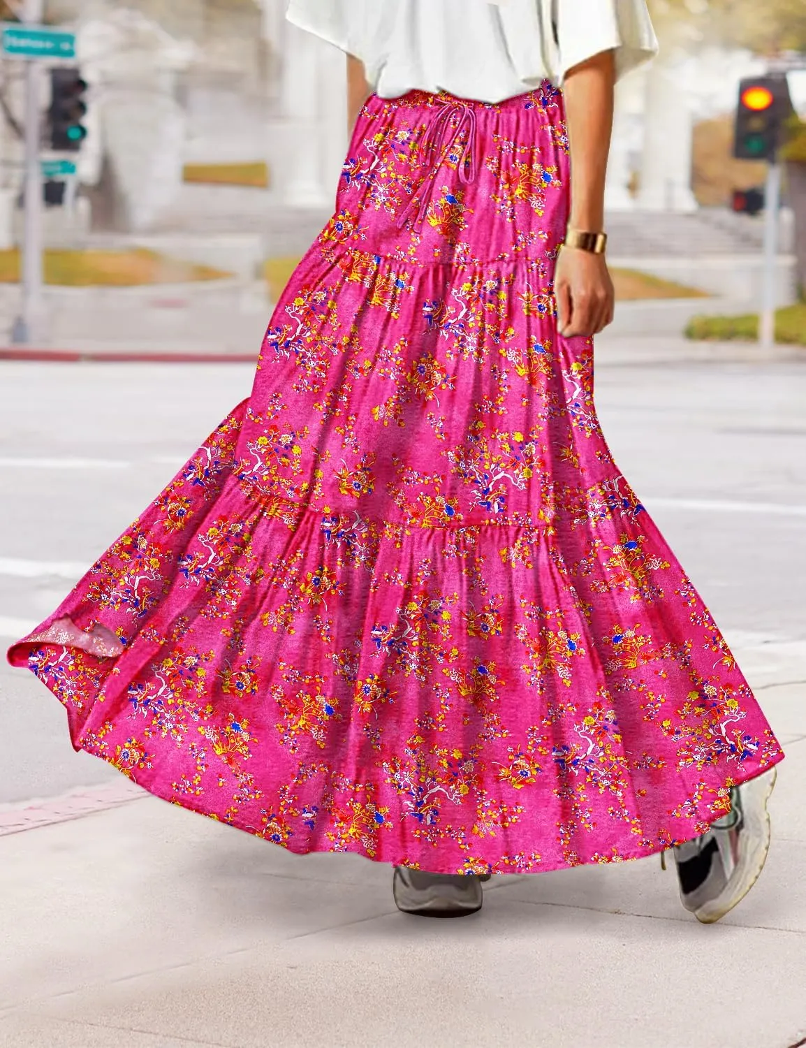 YESNO Women's Summer Boho Floral Maxi Skirts Casual Flowy Tiered A-Line Elastic Waist Skirt with Pockets SK0