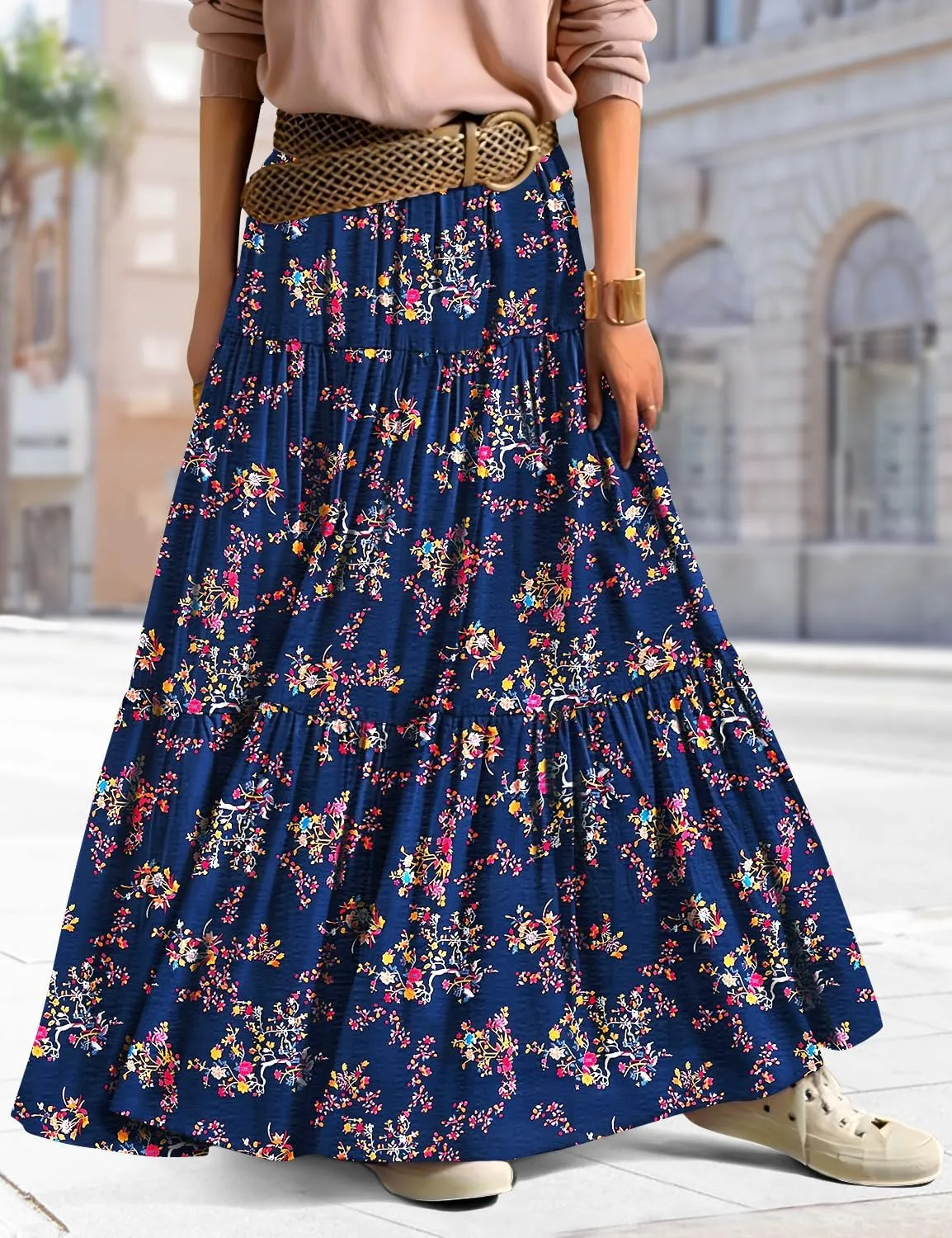 YESNO Women's Summer Boho Floral Maxi Skirts Casual Flowy Tiered A-Line Elastic Waist Skirt with Pockets SK0