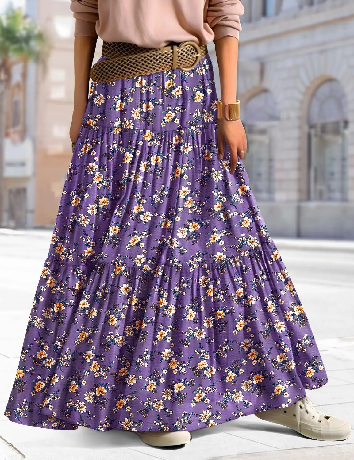 YESNO Women's Summer Boho Floral Maxi Skirts Casual Flowy Tiered A-Line Elastic Waist Skirt with Pockets SK0