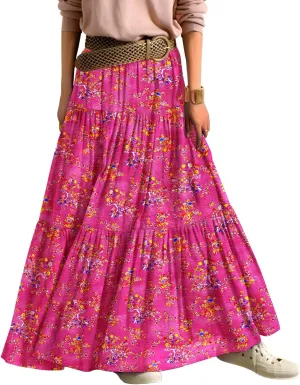 YESNO Women's Summer Boho Floral Maxi Skirts Casual Flowy Tiered A-Line Elastic Waist Skirt with Pockets SK0