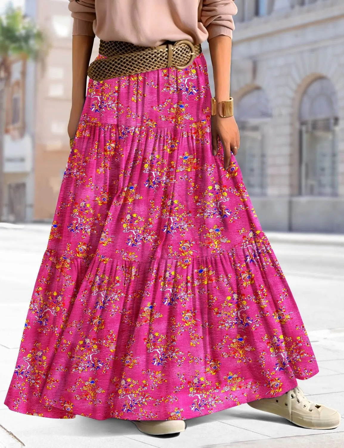 YESNO Women's Summer Boho Floral Maxi Skirts Casual Flowy Tiered A-Line Elastic Waist Skirt with Pockets SK0