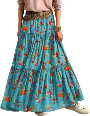 YESNO Women's Summer Boho Floral Maxi Skirts Casual Flowy Tiered A-Line Elastic Waist Skirt with Pockets SK0