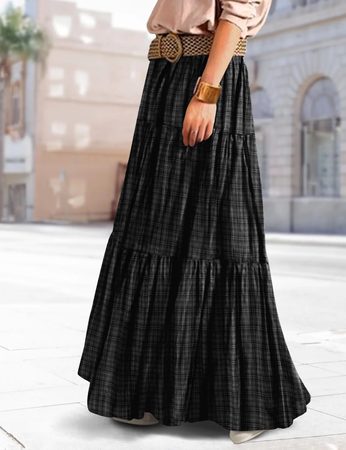 YESNO Women's Summer Boho Floral Maxi Skirts Casual Flowy Tiered A-Line Elastic Waist Skirt with Pockets SK0