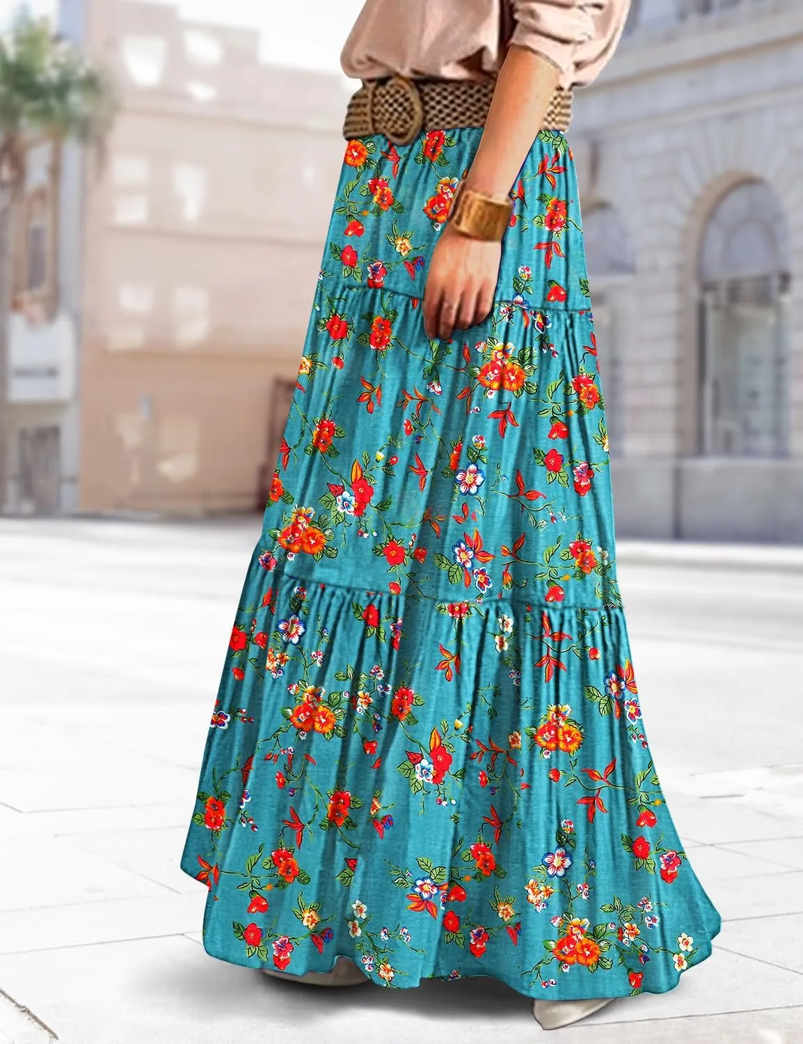 YESNO Women's Summer Boho Floral Maxi Skirts Casual Flowy Tiered A-Line Elastic Waist Skirt with Pockets SK0