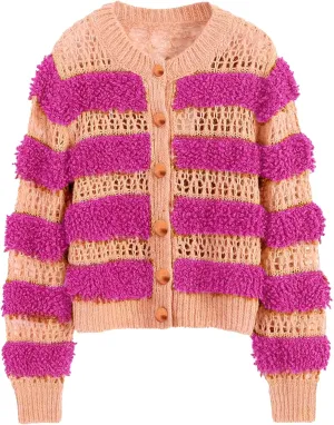 Yimoon Womens Cropped Striped Cardigan Y2K Button Down Open Front Knit Top Loose Color Block Sweater Coat