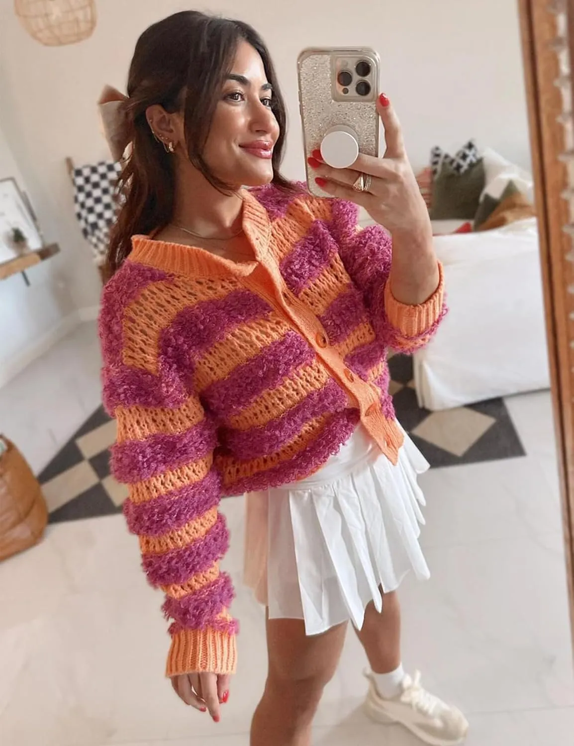 Yimoon Womens Cropped Striped Cardigan Y2K Button Down Open Front Knit Top Loose Color Block Sweater Coat