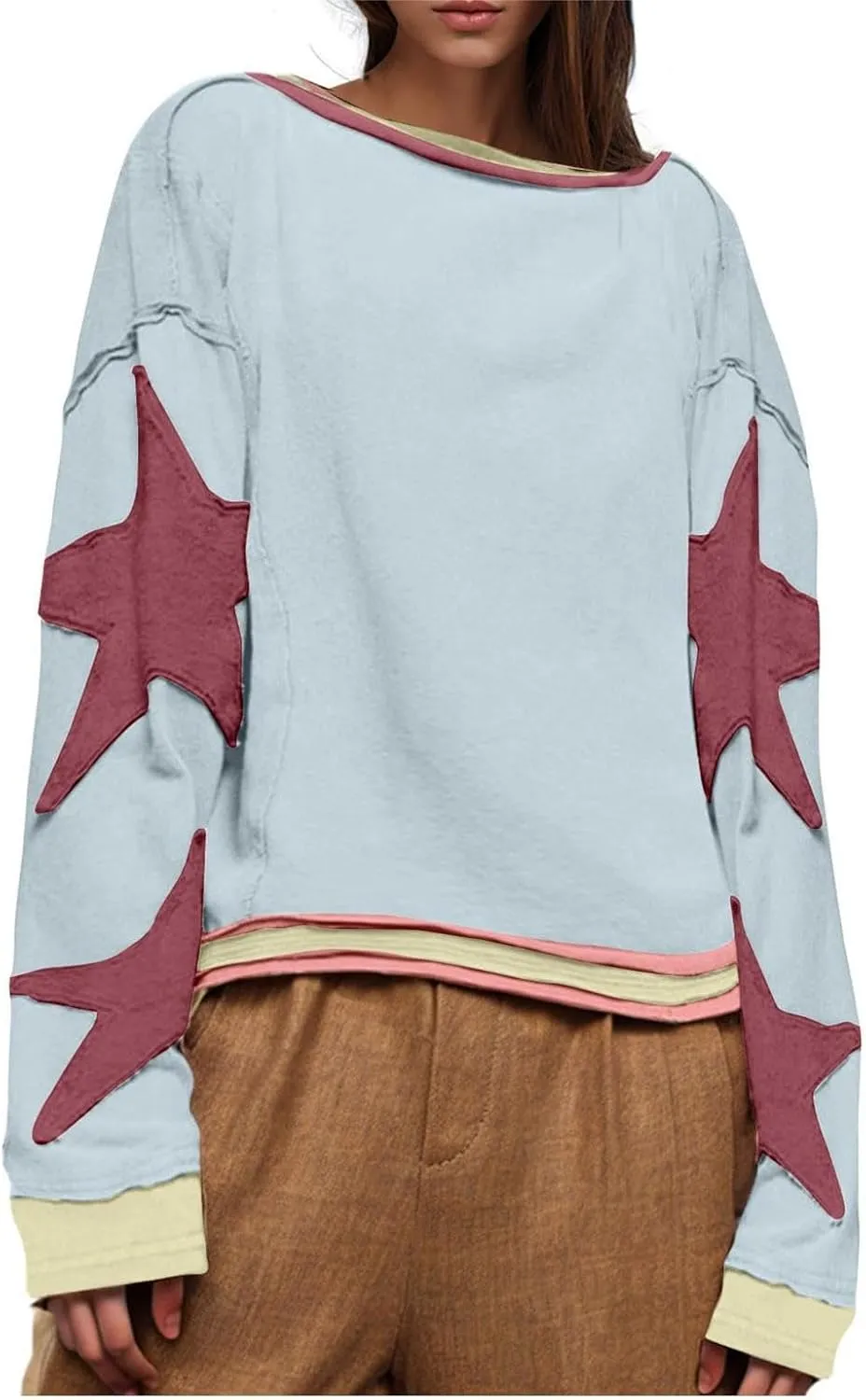 yoeasy Womens Oversized Star Sweatshirts Long Sleeve Crewneck Drop Shoulder Y2k Vintage Graphic Cropped Pullover Tops