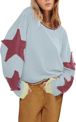 yoeasy Womens Oversized Star Sweatshirts Long Sleeve Crewneck Drop Shoulder Y2k Vintage Graphic Cropped Pullover Tops