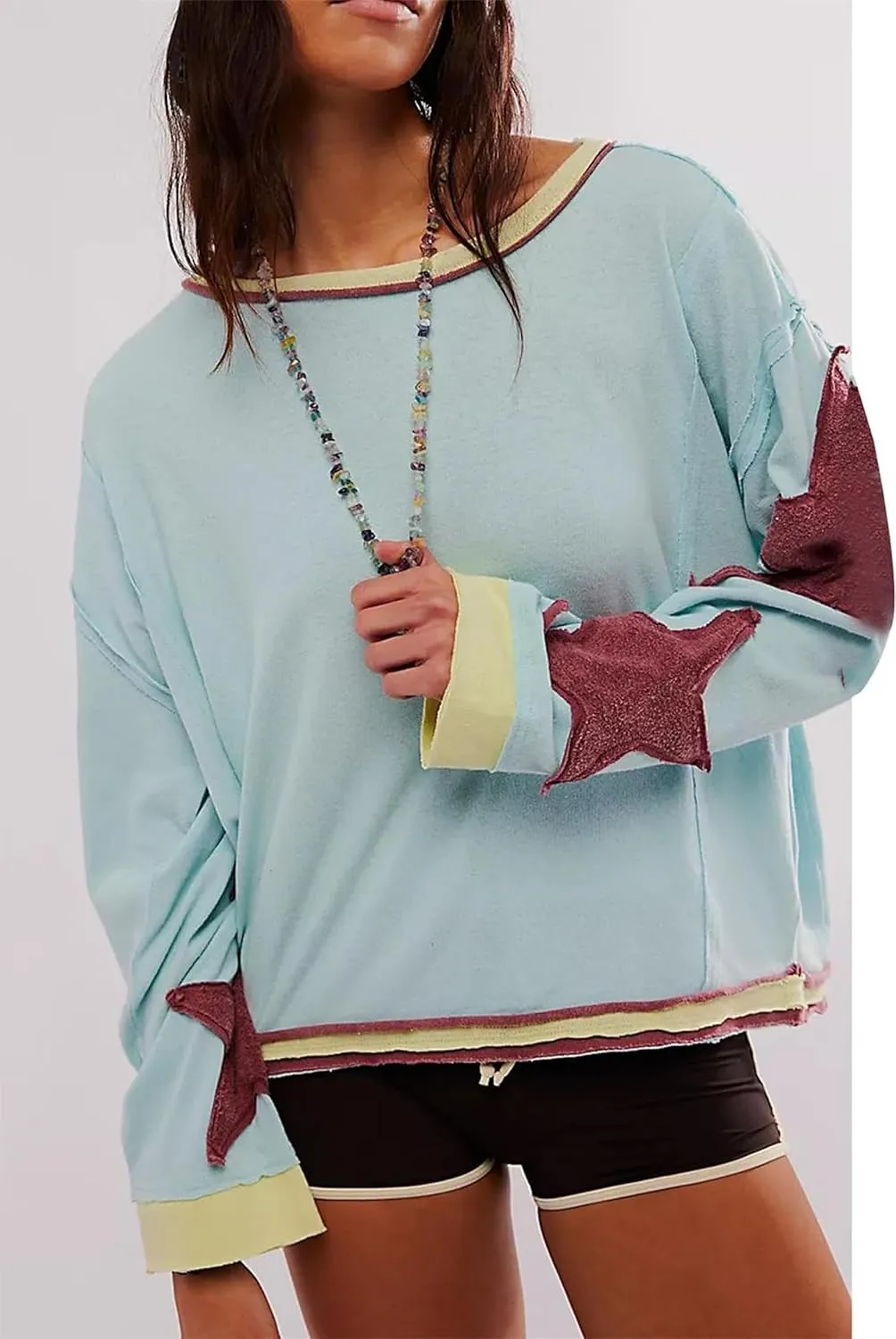 yoeasy Womens Oversized Star Sweatshirts Long Sleeve Crewneck Drop Shoulder Y2k Vintage Graphic Cropped Pullover Tops