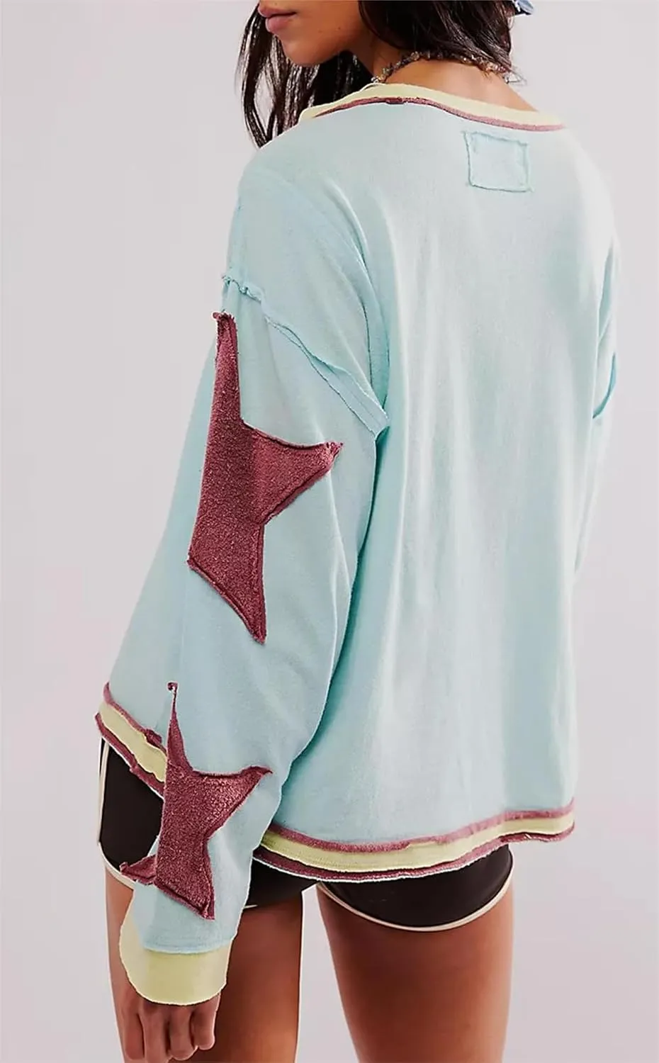 yoeasy Womens Oversized Star Sweatshirts Long Sleeve Crewneck Drop Shoulder Y2k Vintage Graphic Cropped Pullover Tops