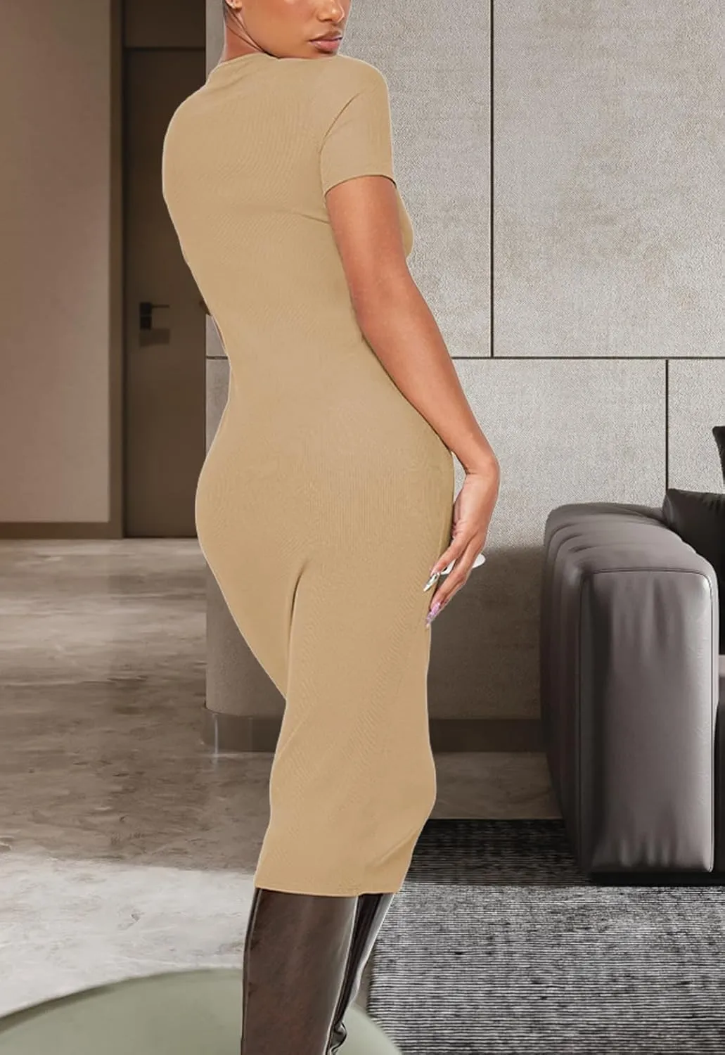 YouSexy Women's Summer Short Sleeve Ribbed Casual Dresses Crew Neck Bodycon Midi Dress