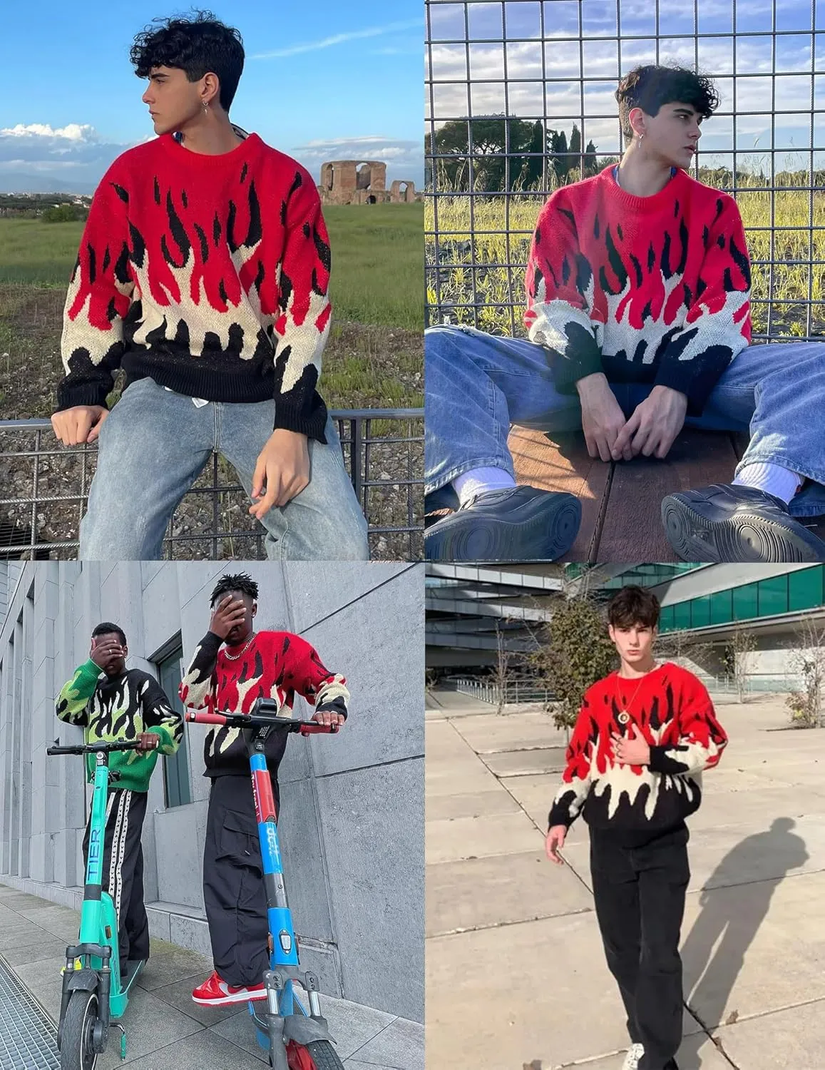 ZAFUL Mens Crewneck Oversized Sweaters Y2K Aesthetic Flame Graphic Knitted Sweater Casual Pullover Long Sleeve Jumpers