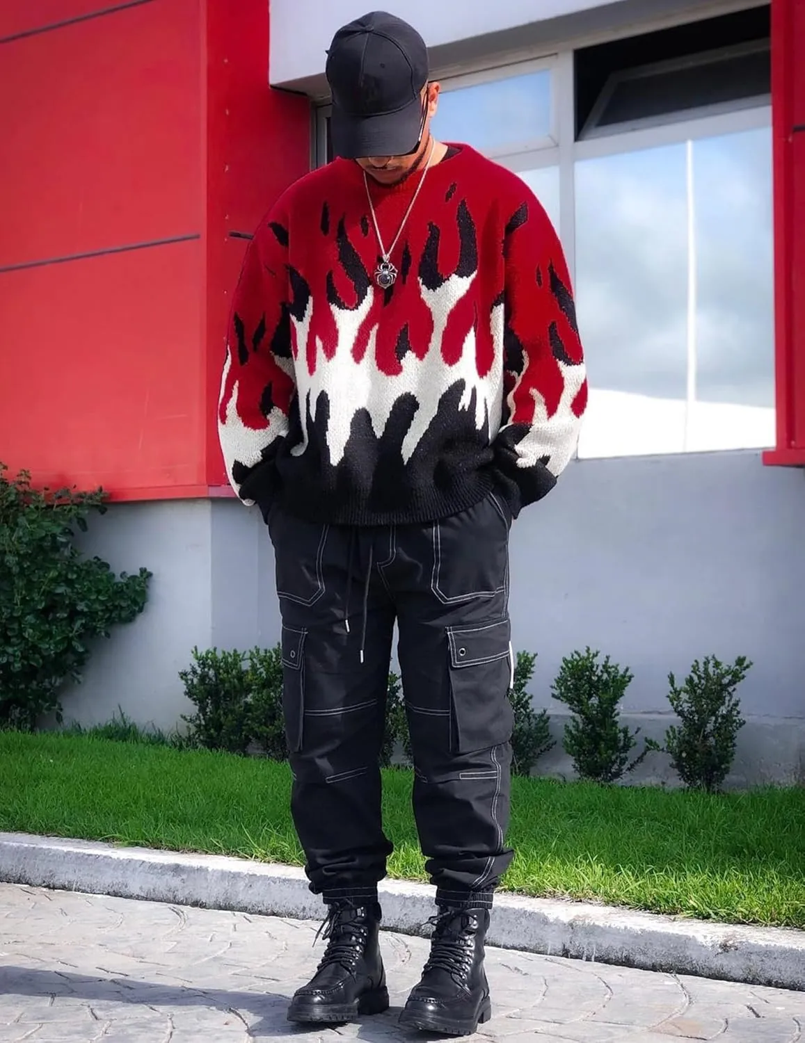 ZAFUL Mens Crewneck Oversized Sweaters Y2K Aesthetic Flame Graphic Knitted Sweater Casual Pullover Long Sleeve Jumpers