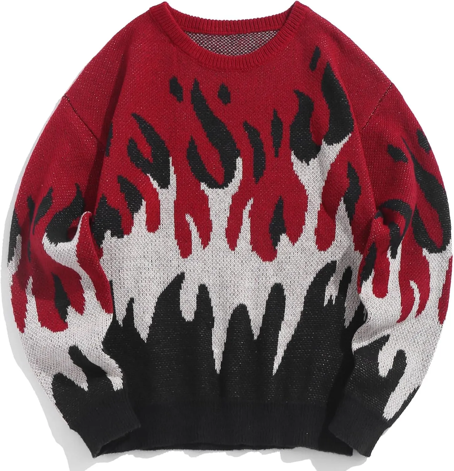 ZAFUL Mens Crewneck Oversized Sweaters Y2K Aesthetic Flame Graphic Knitted Sweater Casual Pullover Long Sleeve Jumpers