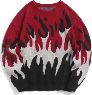 ZAFUL Mens Crewneck Oversized Sweaters Y2K Aesthetic Flame Graphic Knitted Sweater Casual Pullover Long Sleeve Jumpers