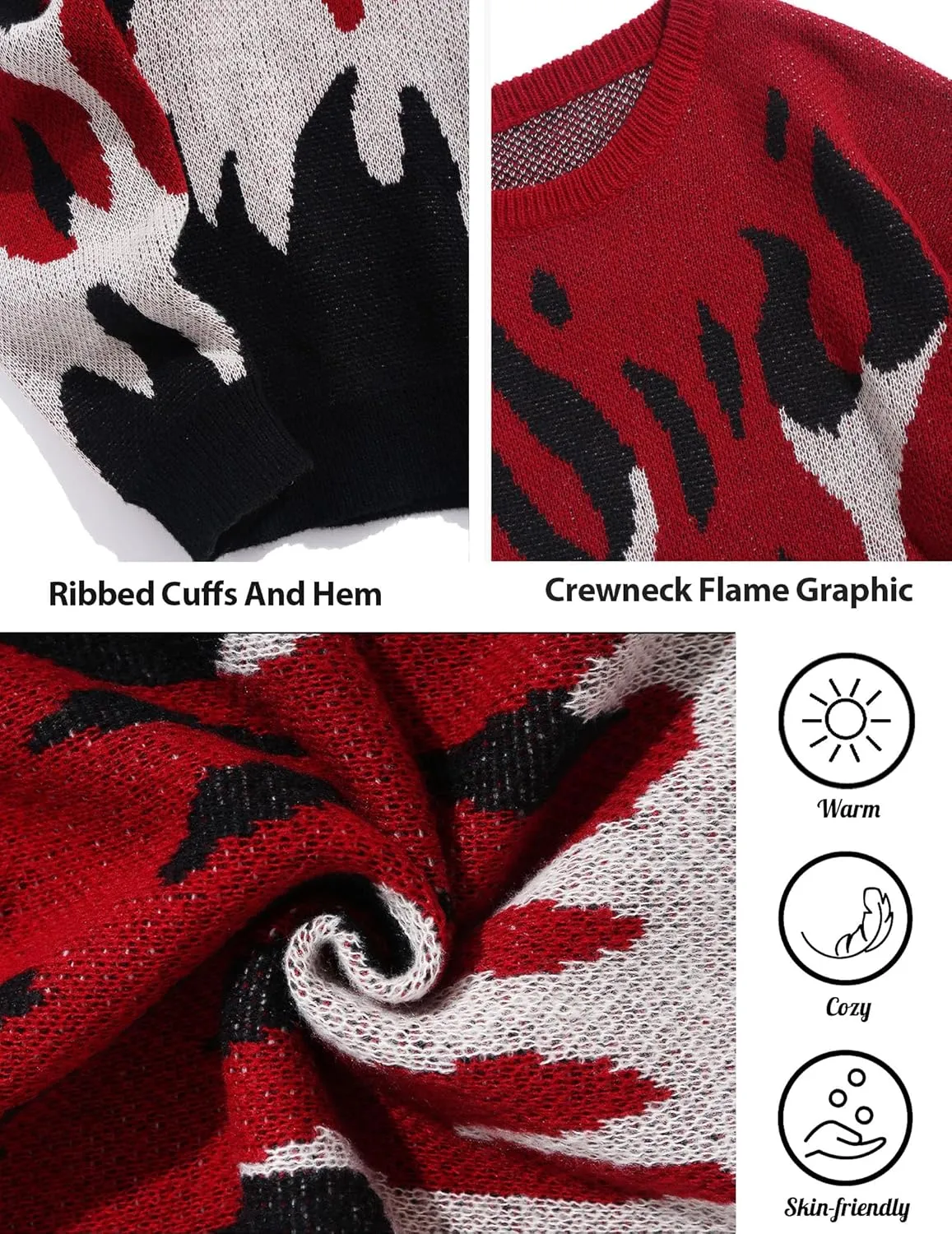 ZAFUL Mens Crewneck Oversized Sweaters Y2K Aesthetic Flame Graphic Knitted Sweater Casual Pullover Long Sleeve Jumpers