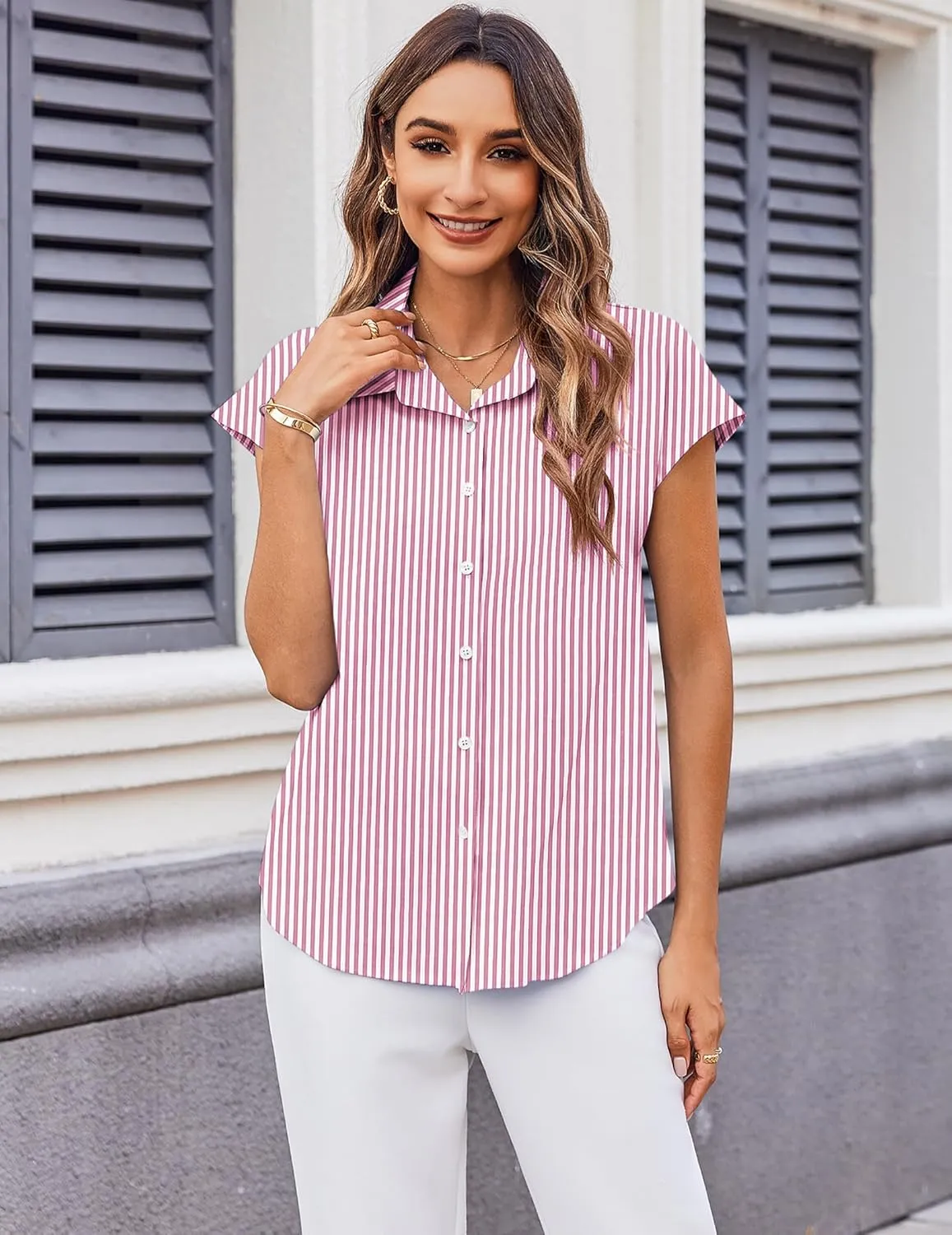 Zeagoo Womens Button Down Shirt V Neck Blouses Cap Sleeve Top Dressy Casual Blouses 2025 Trendy Bussiness Work Outfits S-XXL
