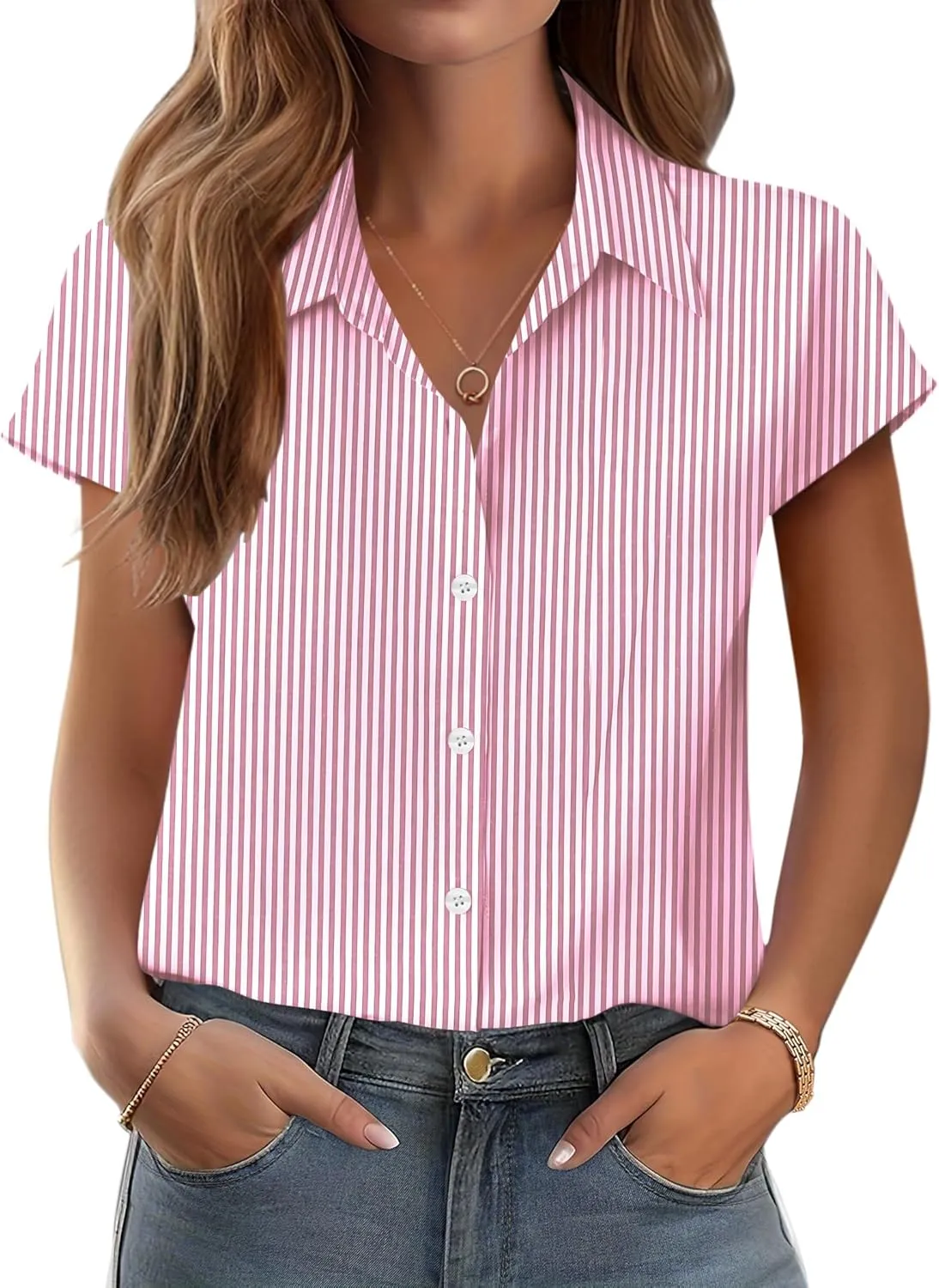 Zeagoo Womens Button Down Shirt V Neck Blouses Cap Sleeve Top Dressy Casual Blouses 2025 Trendy Bussiness Work Outfits S-XXL