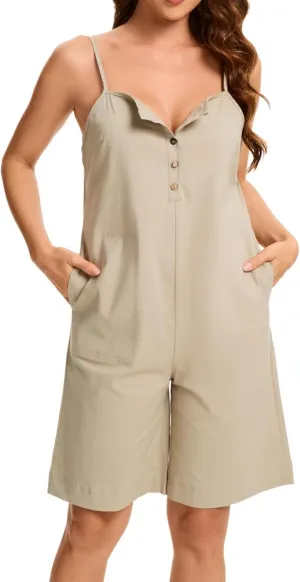 Zebaexf Women's Summer Casual Sleeveless Rompers Loose Shorts Button Overalls Shorts Jumpsuit Beach Cover Up with Pockets
