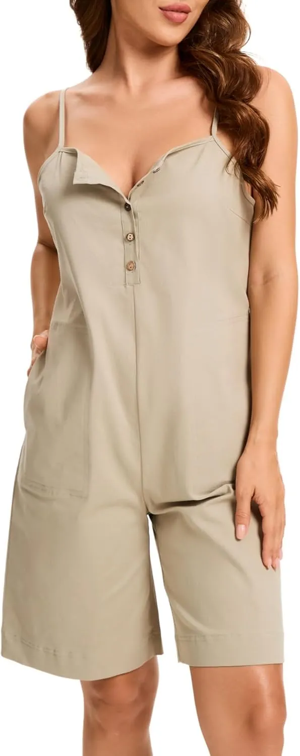 Zebaexf Women's Summer Casual Sleeveless Rompers Loose Shorts Button Overalls Shorts Jumpsuit Beach Cover Up with Pockets