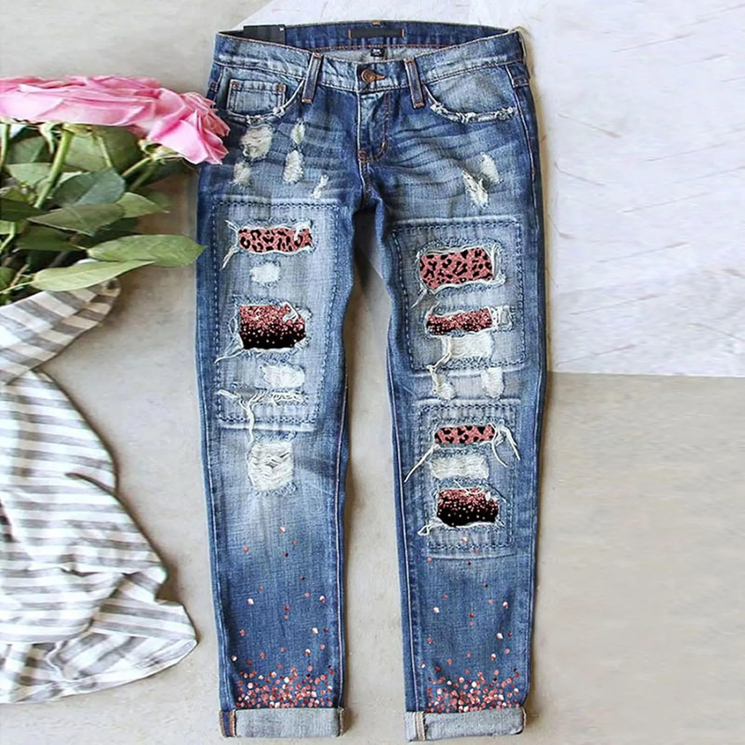 ZOCAVIA Women's Floral Ripped Skinny Jeans Straight Leg Jeans Mid Waisted Denim Jeans Stretch Slim Ankle Washed Denim Pants
